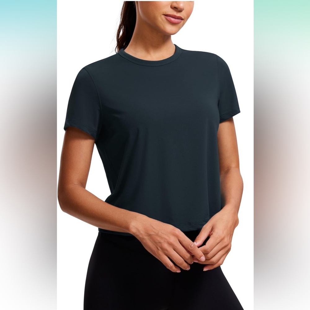 CRZ YOGA Women's Pima Cotton Short Sleeve Crop Tops Yoga Athletic Shirt Navy